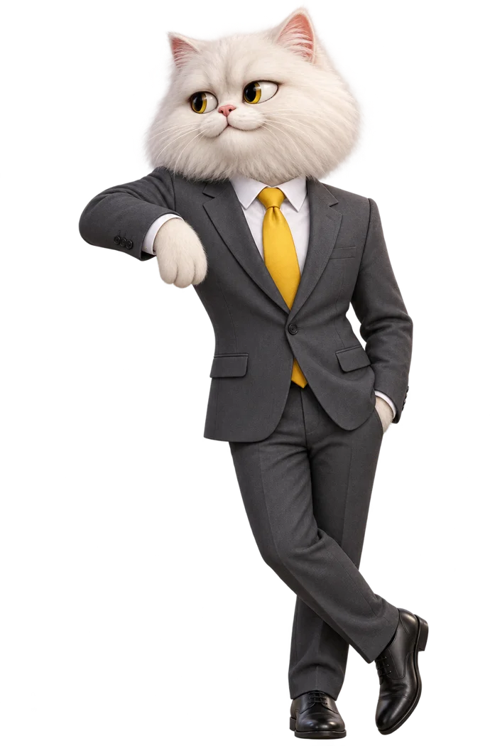 White Persian cat lawyer in a grey suit leaning on the Lawsuits logo